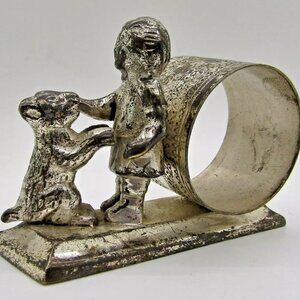 Antique Meriden Britannia Silver Plated Napkin Holder Girl with Dog